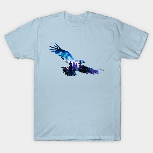 Eagle flying and city at dusk T-Shirt by AnnArtshock